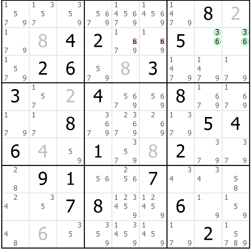 Position des candidats pour la solution de la Gr 75 page 78 du magazine de sudoku Maestro n° 087