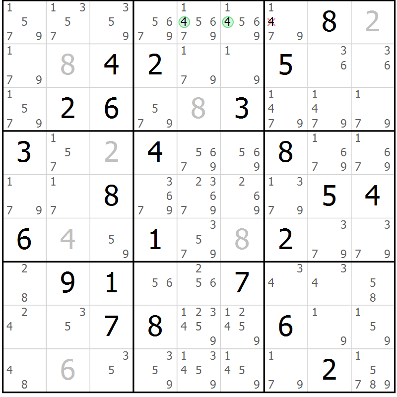 Position des candidats pour la solution de la Gr 75 page 78 du magazine de sudoku Maestro n° 087
