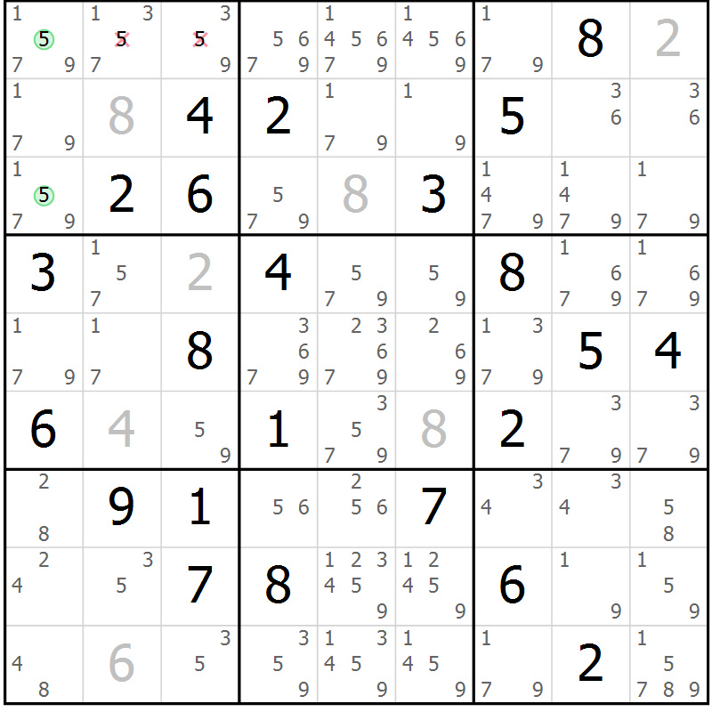 Position des candidats pour la solution de la Gr 75 page 78 du magazine de sudoku Maestro n° 087