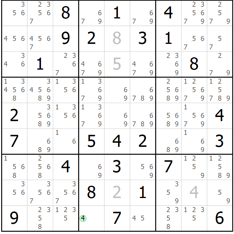 Position des candidats pour la solution de la Gr 77 page 80 du magazine de sudoku Maestro n° 087
