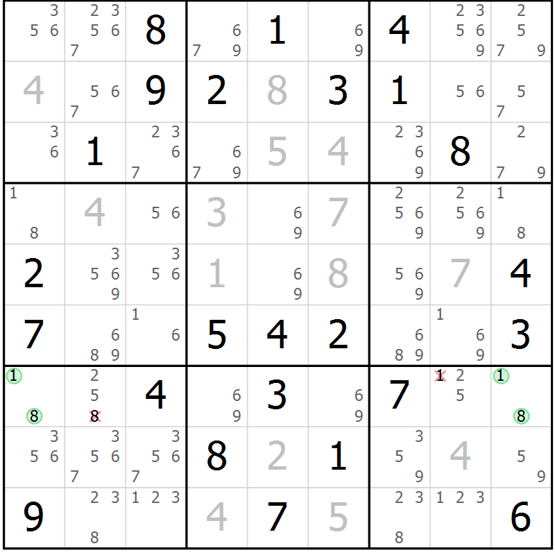 Position des candidats pour la solution de la Gr 77 page 80 du magazine de sudoku Maestro n° 087