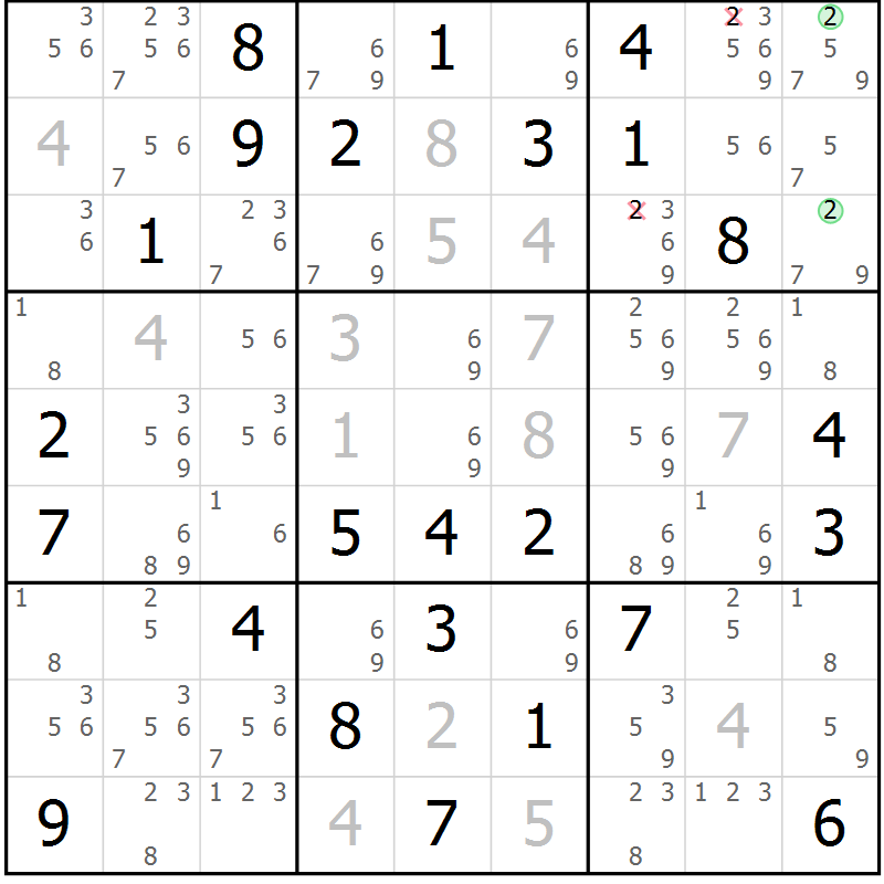 Position des candidats pour la solution de la Gr 77 page 80 du magazine de sudoku Maestro n° 087