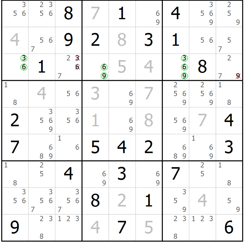 Position des candidats pour la solution de la Gr 77 page 80 du magazine de sudoku Maestro n° 087