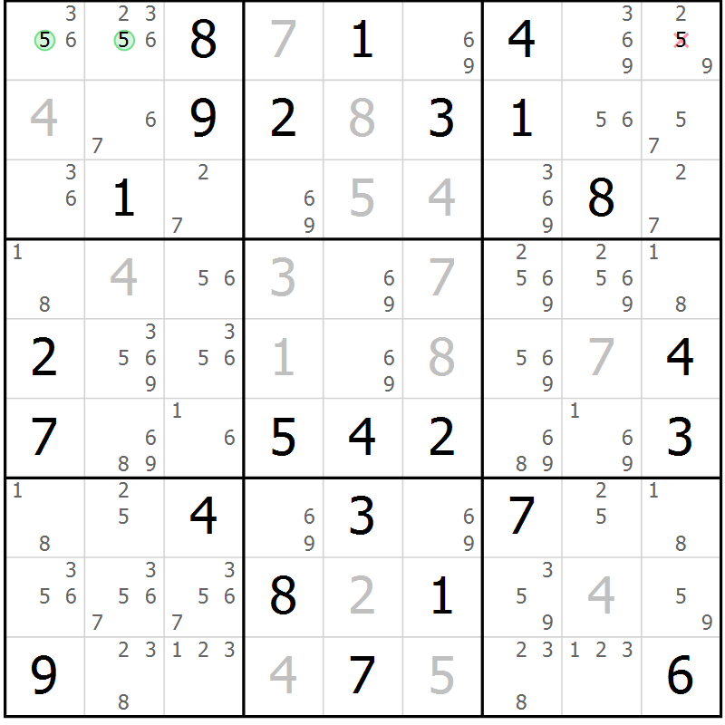 Position des candidats pour la solution de la Gr 77 page 80 du magazine de sudoku Maestro n° 087