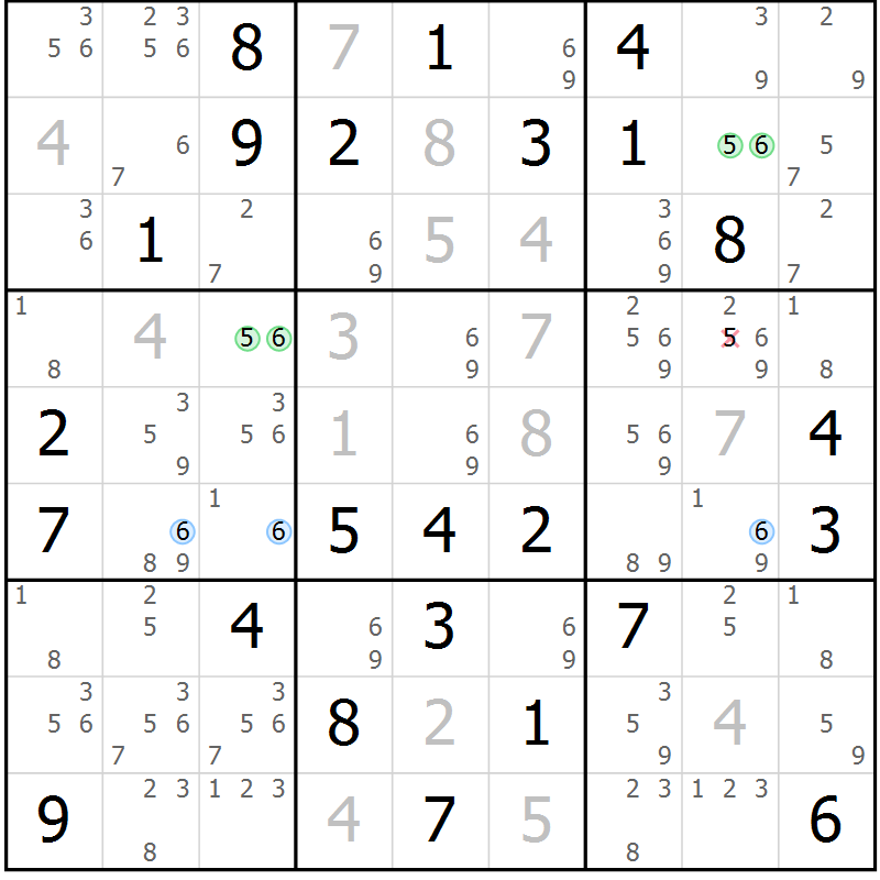 Position des candidats pour la solution de la Gr 77 page 80 du magazine de sudoku Maestro n° 087