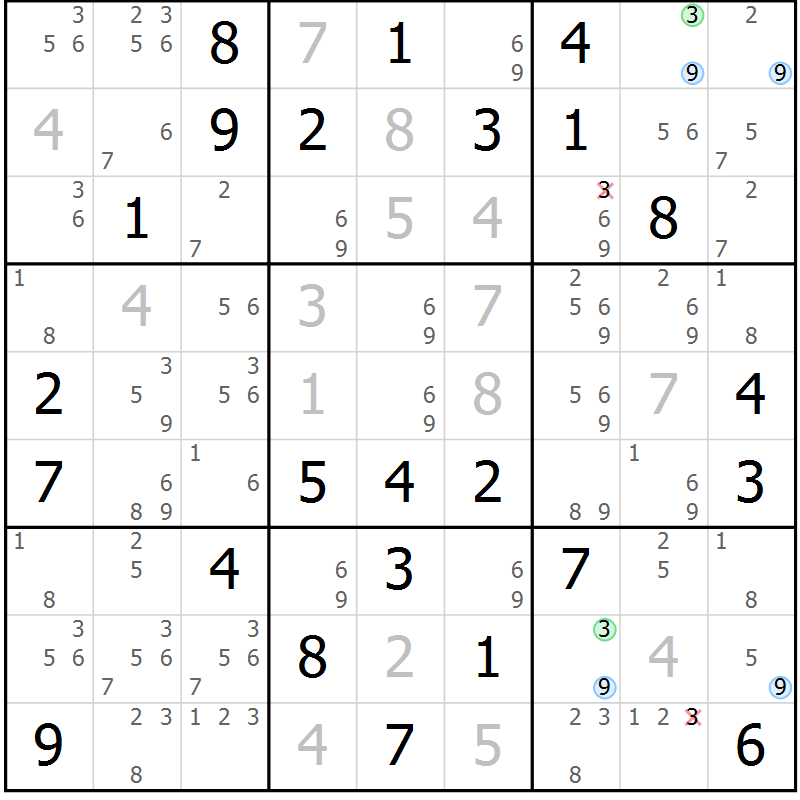 Position des candidats pour la solution de la Gr 77 page 80 du magazine de sudoku Maestro n° 087