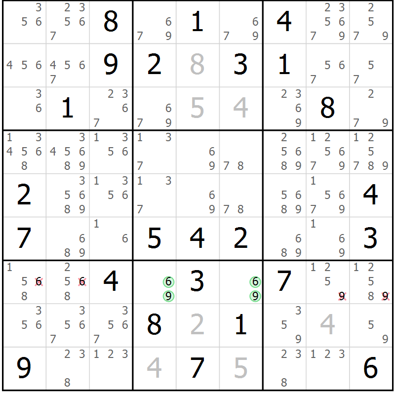 Position des candidats pour la solution de la Gr 77 page 80 du magazine de sudoku Maestro n° 087
