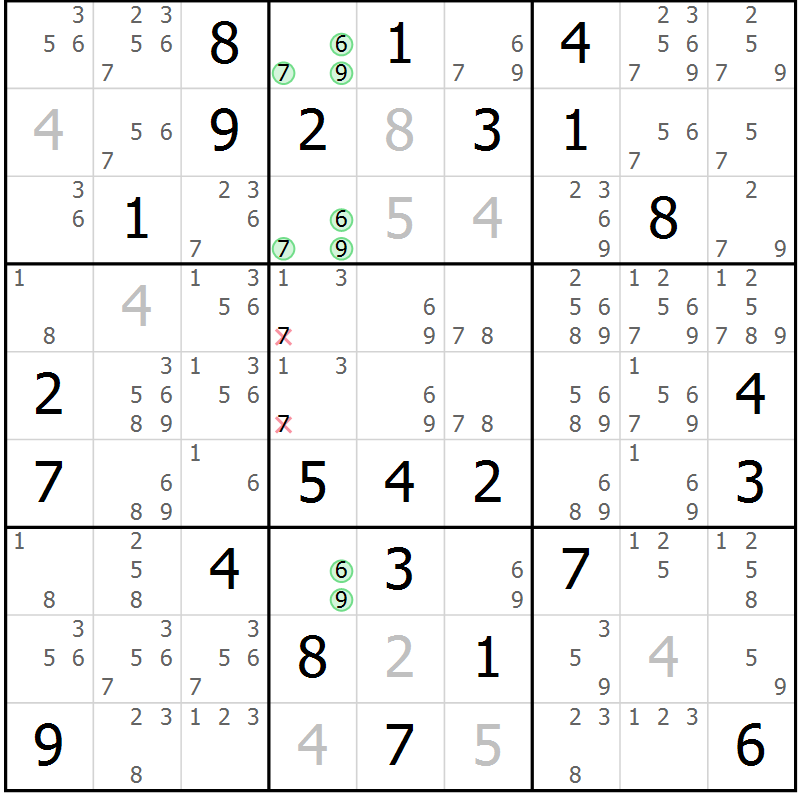 Position des candidats pour la solution de la Gr 77 page 80 du magazine de sudoku Maestro n° 087
