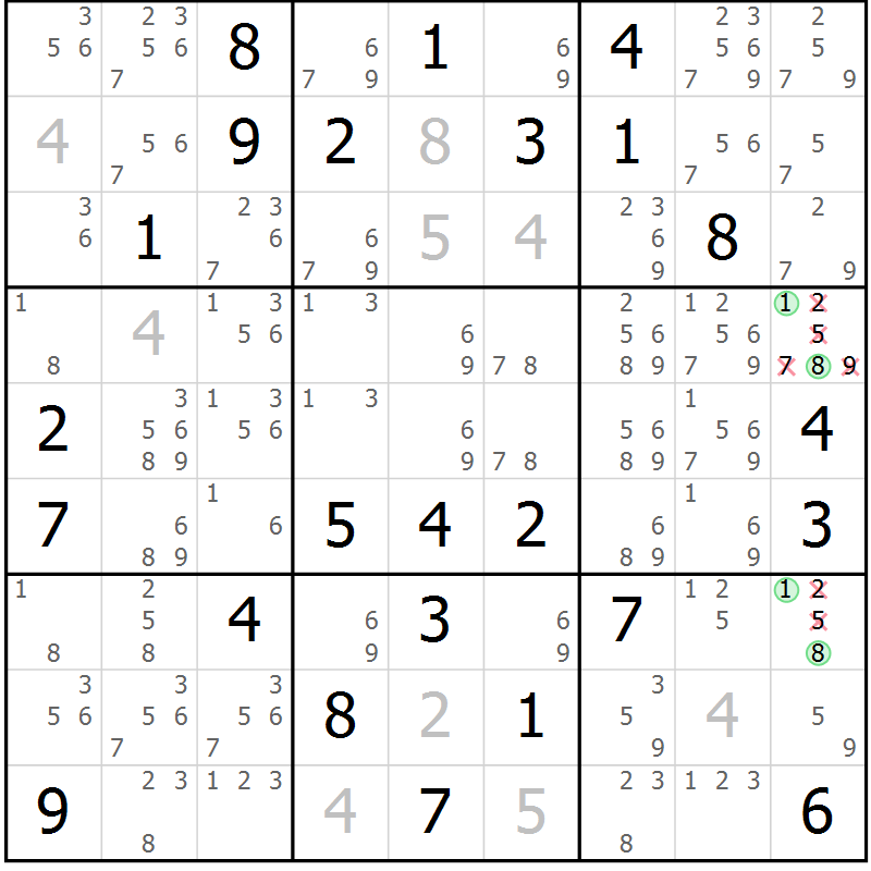 Position des candidats pour la solution de la Gr 77 page 80 du magazine de sudoku Maestro n° 087