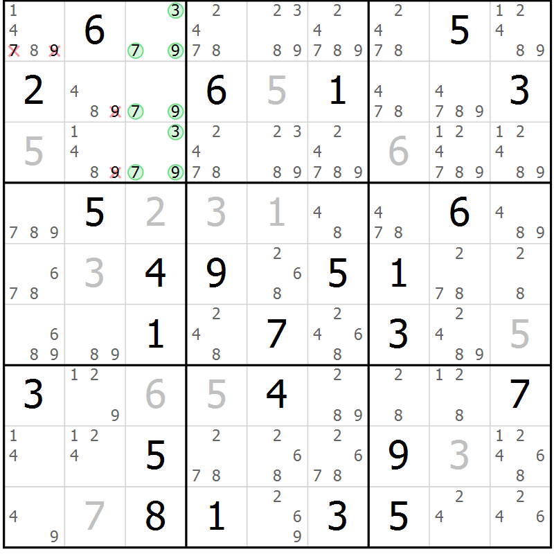 Position des candidats pour la solution de la Gr 78 page 81 du magazine de sudoku Maestro n° 087