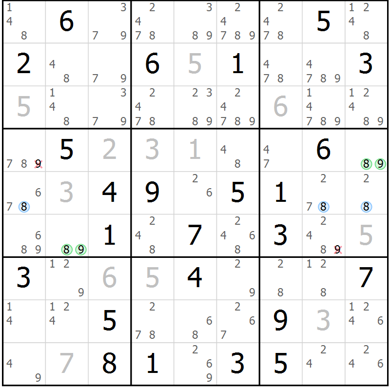 Position des candidats pour la solution de la Gr 78 page 81 du magazine de sudoku Maestro n° 087