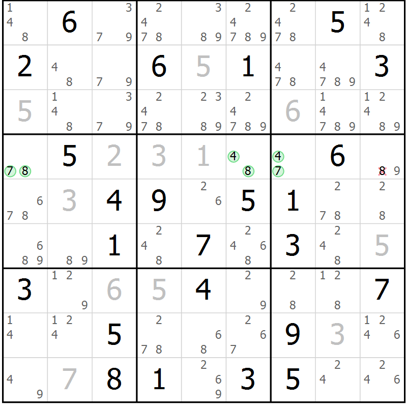 Position des candidats pour la solution de la Gr 78 page 81 du magazine de sudoku Maestro n° 087