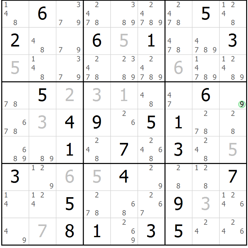 Position des candidats pour la solution de la Gr 78 page 81 du magazine de sudoku Maestro n° 087