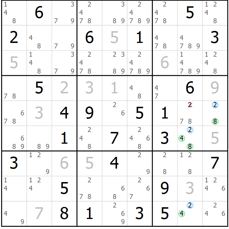 Position des candidats pour la solution de la Gr 78 page 81 du magazine de sudoku Maestro n° 087