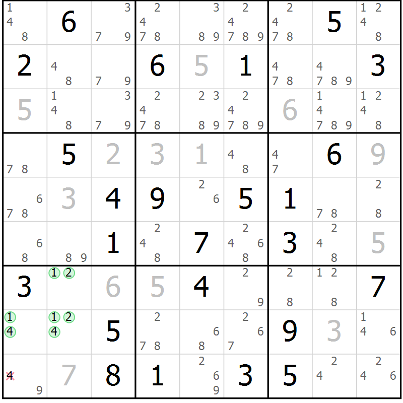 Position des candidats pour la solution de la Gr 78 page 81 du magazine de sudoku Maestro n° 087