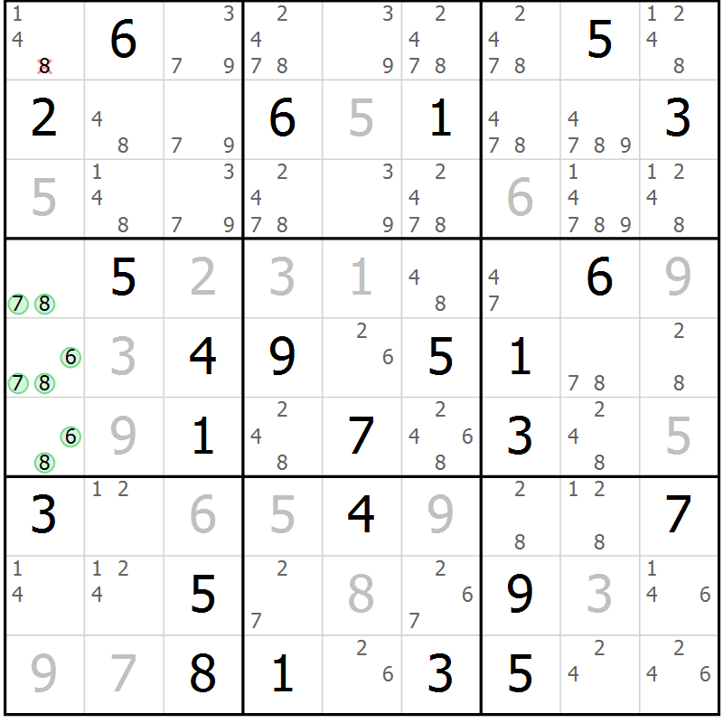 Position des candidats pour la solution de la Gr 78 page 81 du magazine de sudoku Maestro n° 087