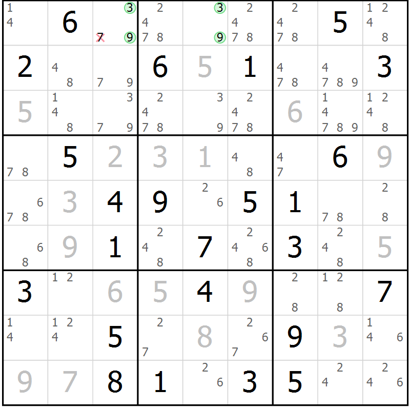 Position des candidats pour la solution de la Gr 78 page 81 du magazine de sudoku Maestro n° 087