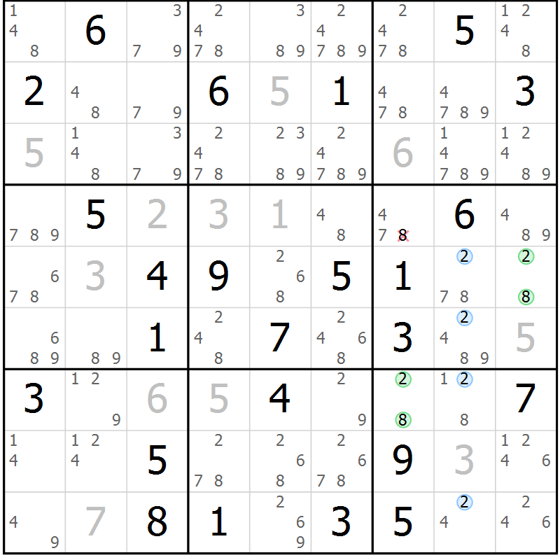Position des candidats pour la solution de la Gr 78 page 81 du magazine de sudoku Maestro n° 087