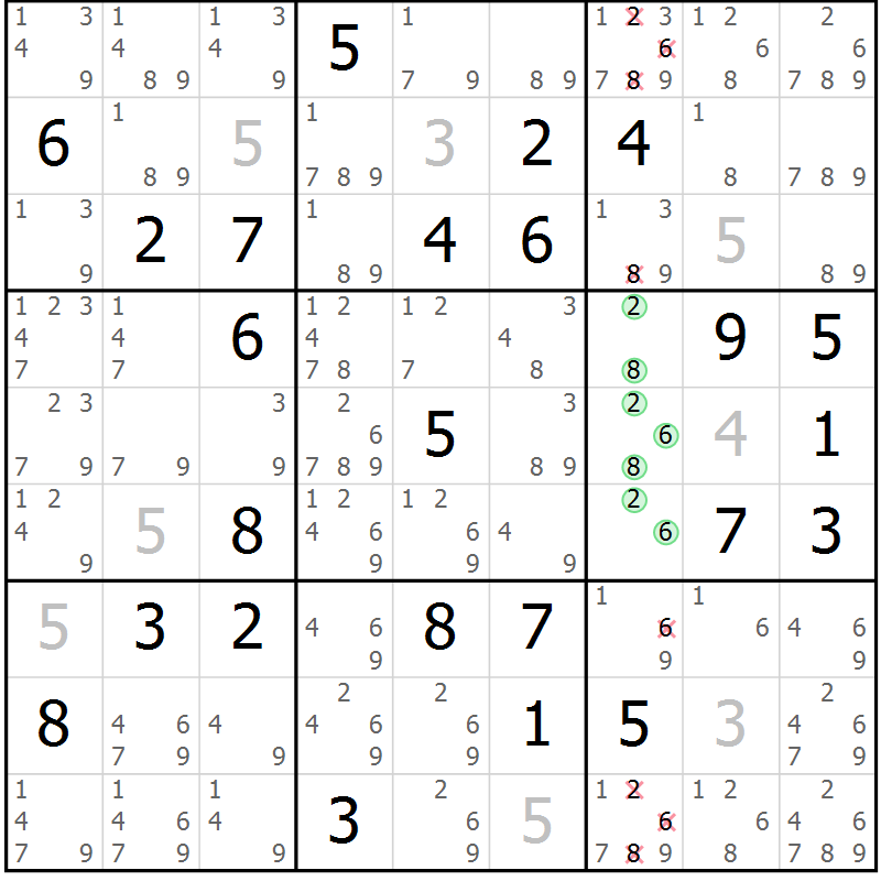 Position des candidats pour la solution de la Gr 79 page 82 du magazine de sudoku Maestro n° 087