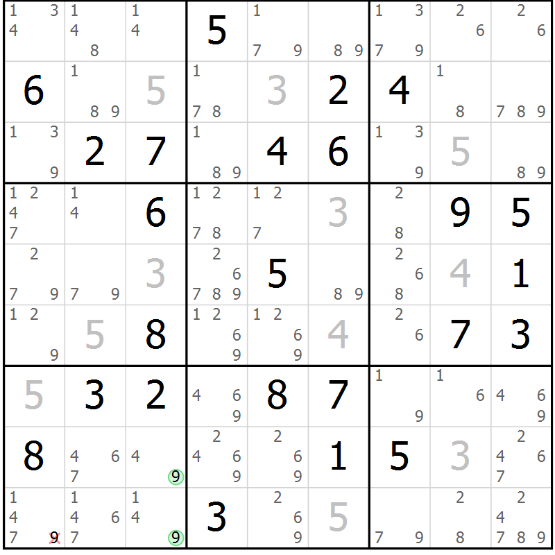 Position des candidats pour la solution de la Gr 79 page 82 du magazine de sudoku Maestro n° 087