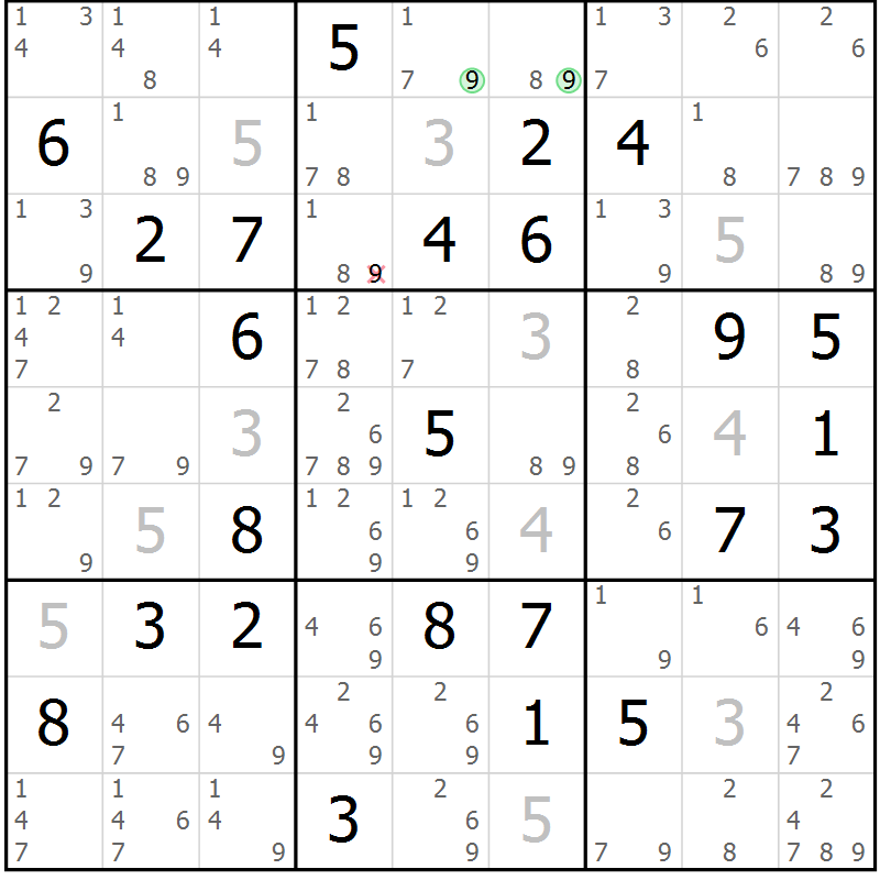 Position des candidats pour la solution de la Gr 79 page 82 du magazine de sudoku Maestro n° 087