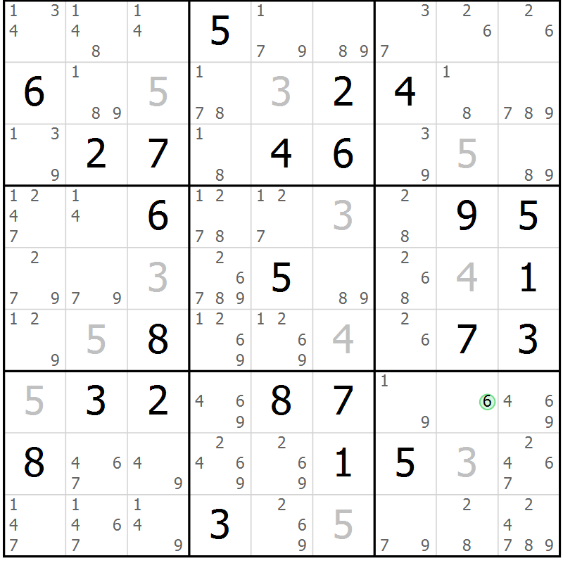 Position des candidats pour la solution de la Gr 79 page 82 du magazine de sudoku Maestro n° 087