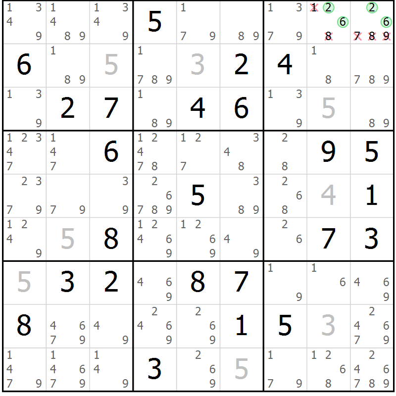 Position des candidats pour la solution de la Gr 79 page 82 du magazine de sudoku Maestro n° 087