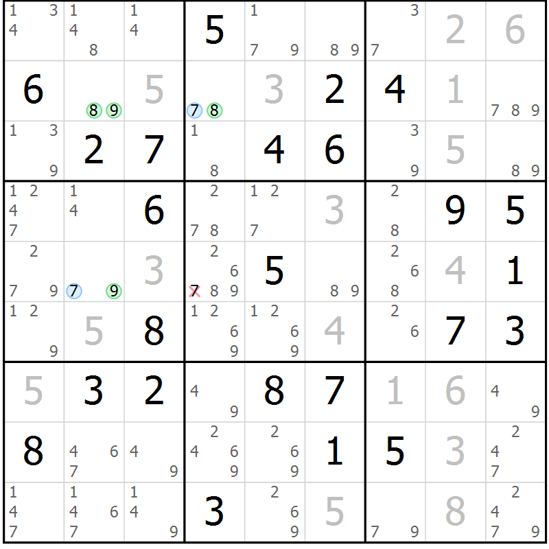 Position des candidats pour la solution de la Gr 79 page 82 du magazine de sudoku Maestro n° 087