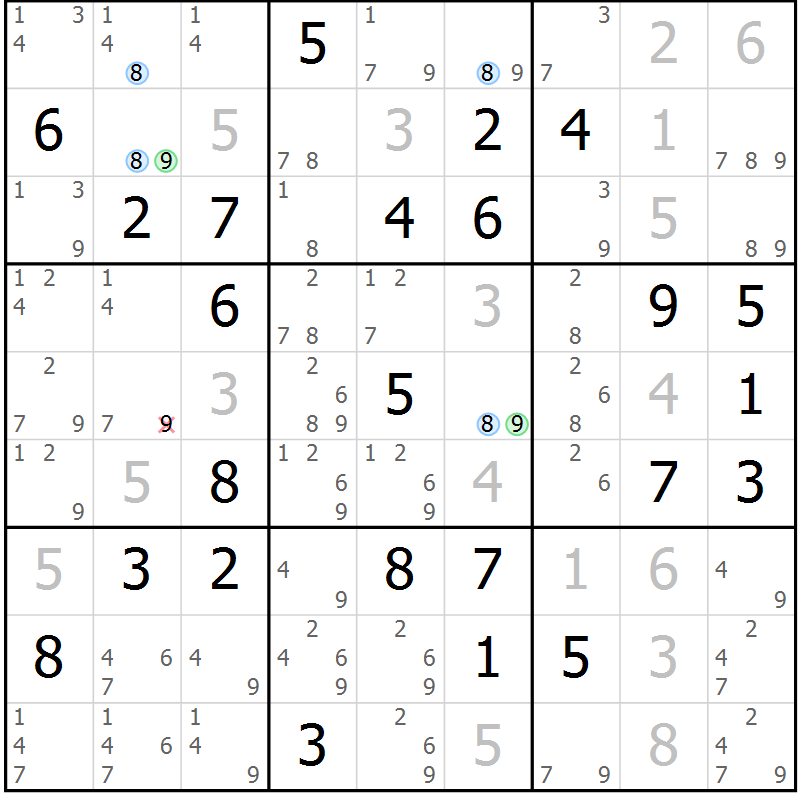 Position des candidats pour la solution de la Gr 79 page 82 du magazine de sudoku Maestro n° 087