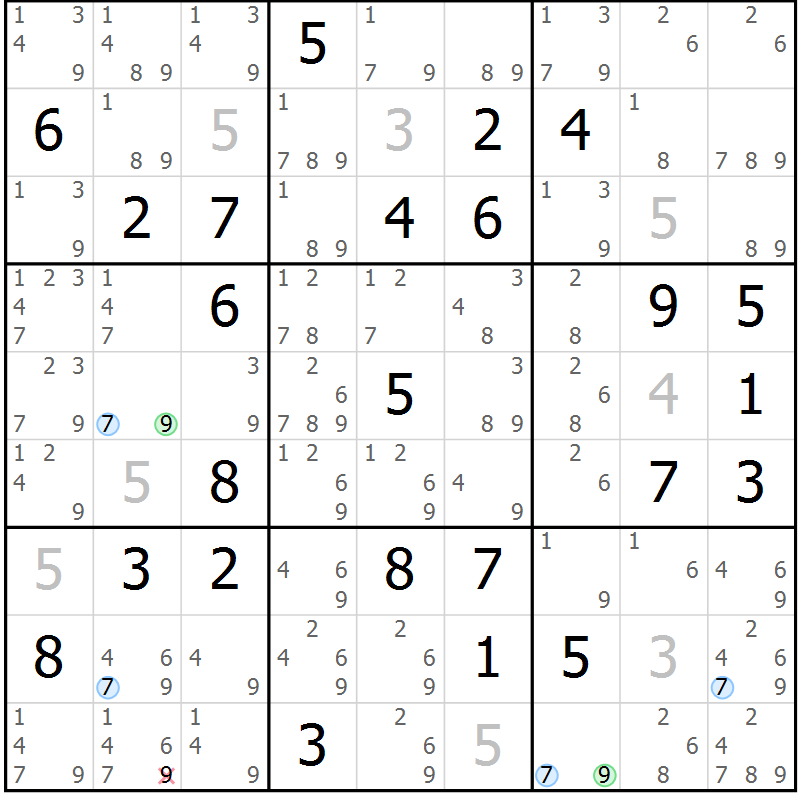 Position des candidats pour la solution de la Gr 79 page 82 du magazine de sudoku Maestro n° 087