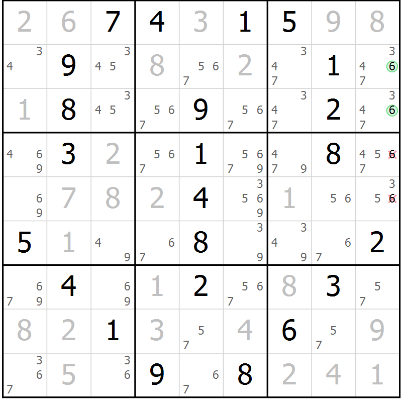 Position des candidats pour la solution de la Gr 8 page 11 du magazine de sudoku Maestro n° 087