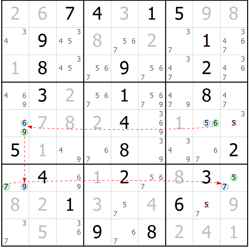 Position des candidats pour la solution de la Gr 8 page 11 du magazine de sudoku Maestro n° 087