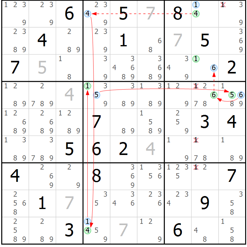 Position des candidats pour la solution de la Gr 80 page 83 du magazine de sudoku Maestro n° 087