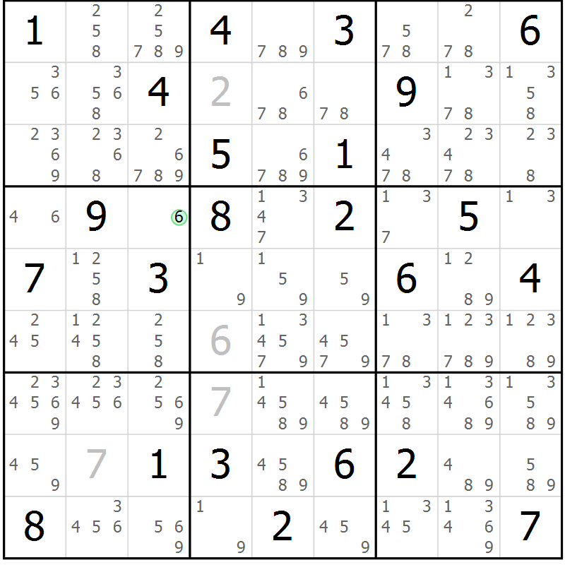 Position des candidats pour la solution de la Gr 81 page 84 du magazine de sudoku Maestro n° 087