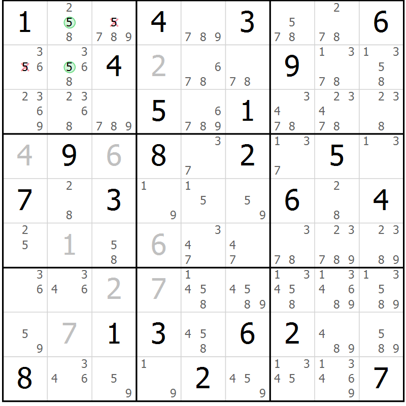 Position des candidats pour la solution de la Gr 81 page 84 du magazine de sudoku Maestro n° 087