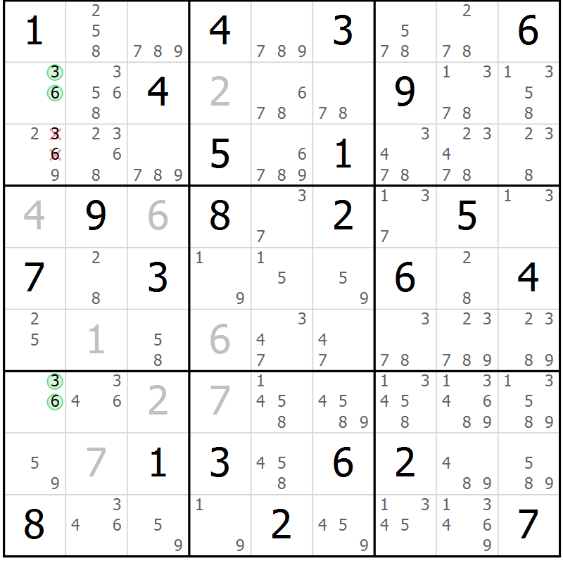 Position des candidats pour la solution de la Gr 81 page 84 du magazine de sudoku Maestro n° 087