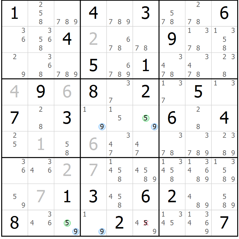 Position des candidats pour la solution de la Gr 81 page 84 du magazine de sudoku Maestro n° 087