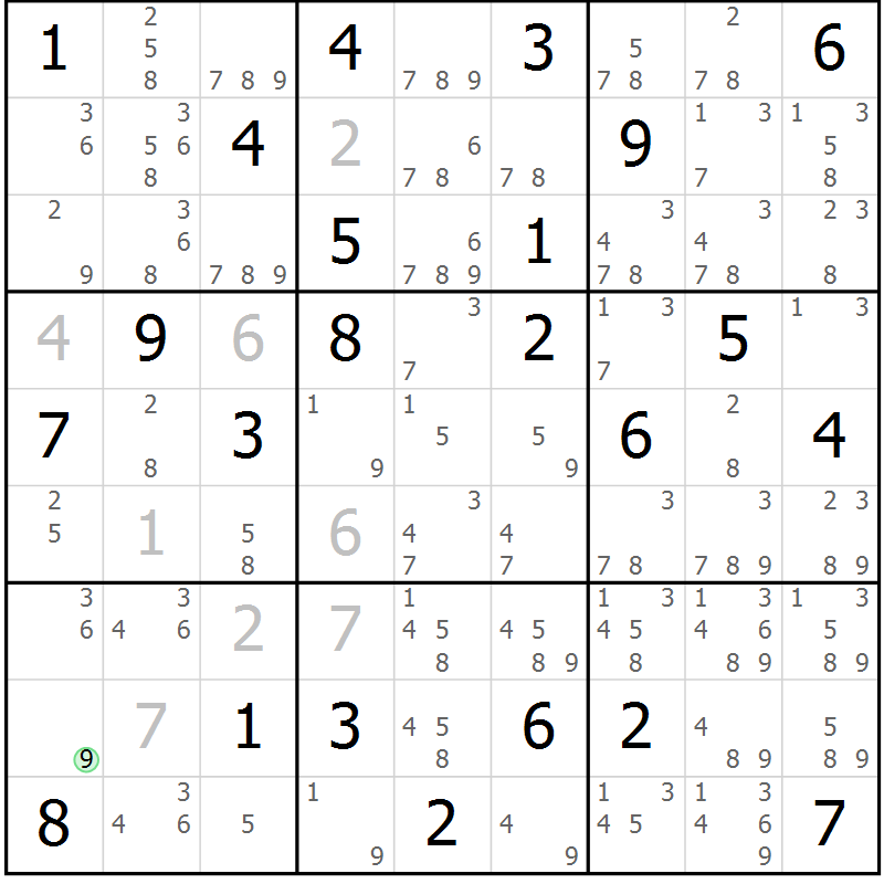 Position des candidats pour la solution de la Gr 81 page 84 du magazine de sudoku Maestro n° 087