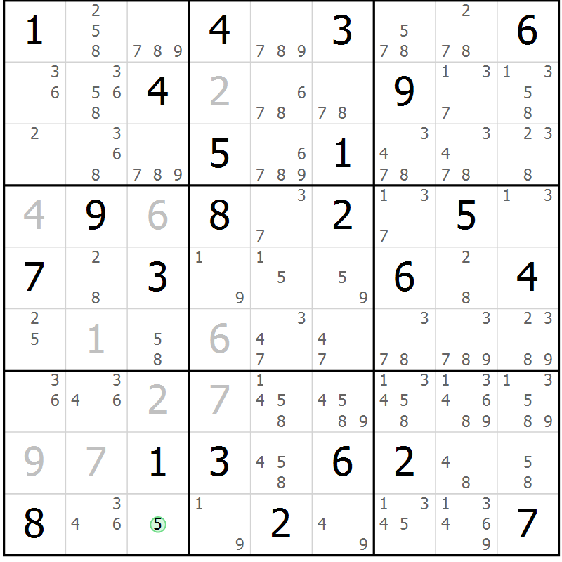 Position des candidats pour la solution de la Gr 81 page 84 du magazine de sudoku Maestro n° 087
