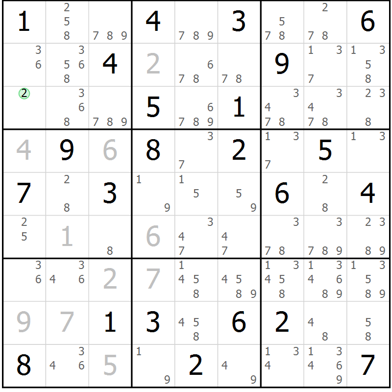 Position des candidats pour la solution de la Gr 81 page 84 du magazine de sudoku Maestro n° 087