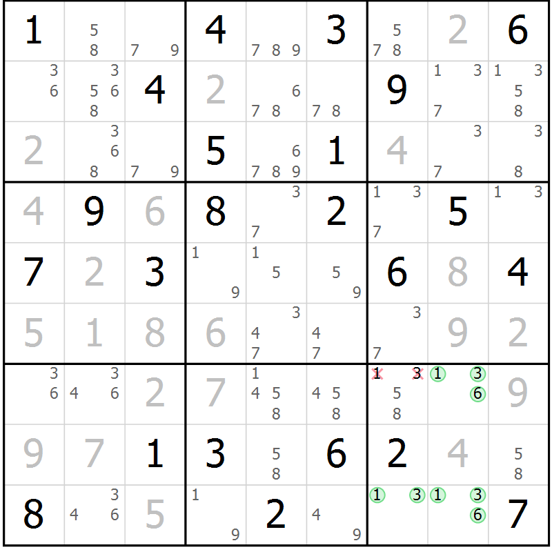 Position des candidats pour la solution de la Gr 81 page 84 du magazine de sudoku Maestro n° 087