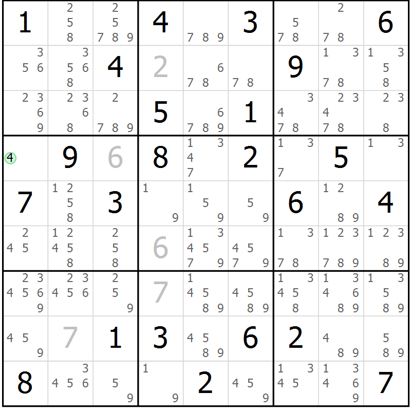 Position des candidats pour la solution de la Gr 81 page 84 du magazine de sudoku Maestro n° 087