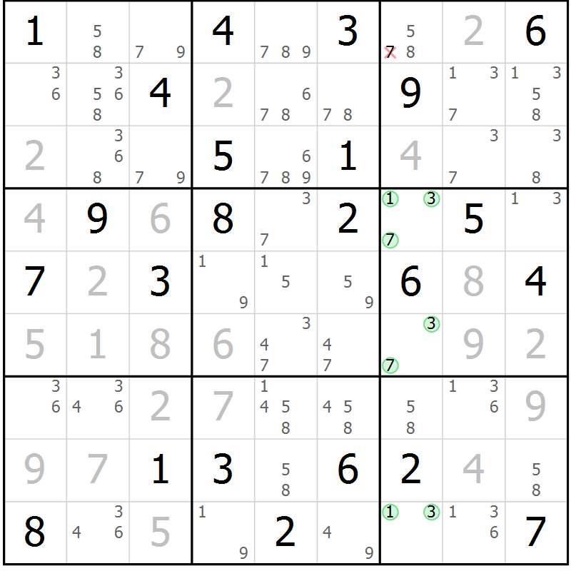 Position des candidats pour la solution de la Gr 81 page 84 du magazine de sudoku Maestro n° 087