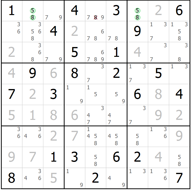 Position des candidats pour la solution de la Gr 81 page 84 du magazine de sudoku Maestro n° 087
