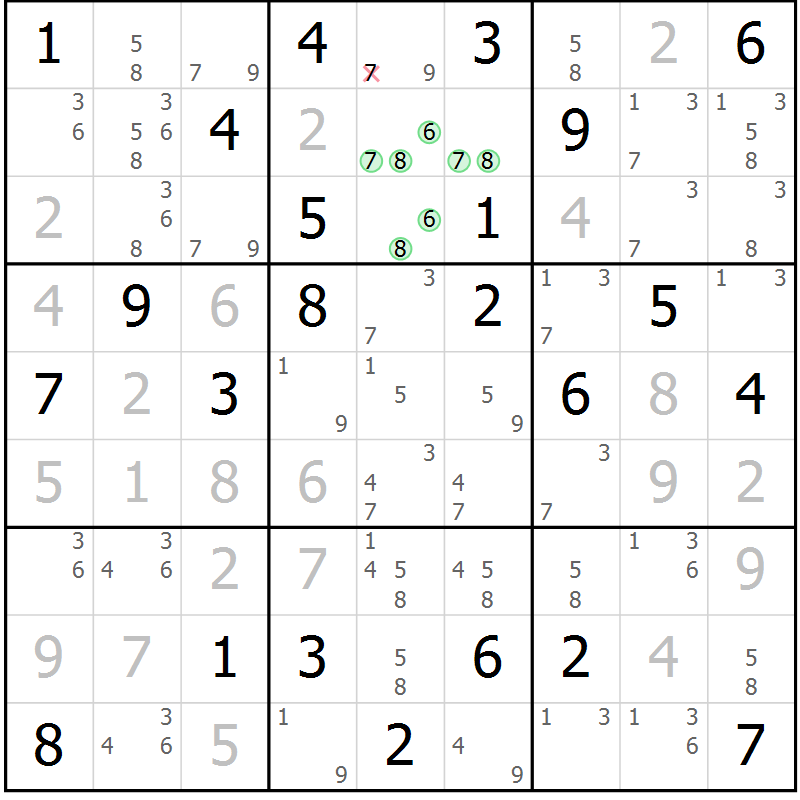 Position des candidats pour la solution de la Gr 81 page 84 du magazine de sudoku Maestro n° 087