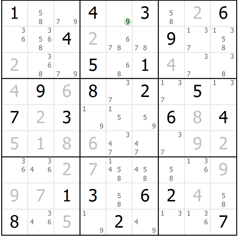 Position des candidats pour la solution de la Gr 81 page 84 du magazine de sudoku Maestro n° 087