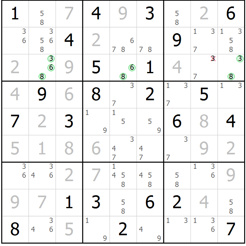 Position des candidats pour la solution de la Gr 81 page 84 du magazine de sudoku Maestro n° 087