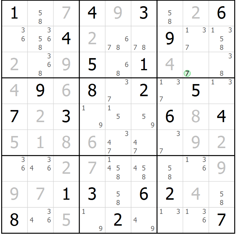 Position des candidats pour la solution de la Gr 81 page 84 du magazine de sudoku Maestro n° 087