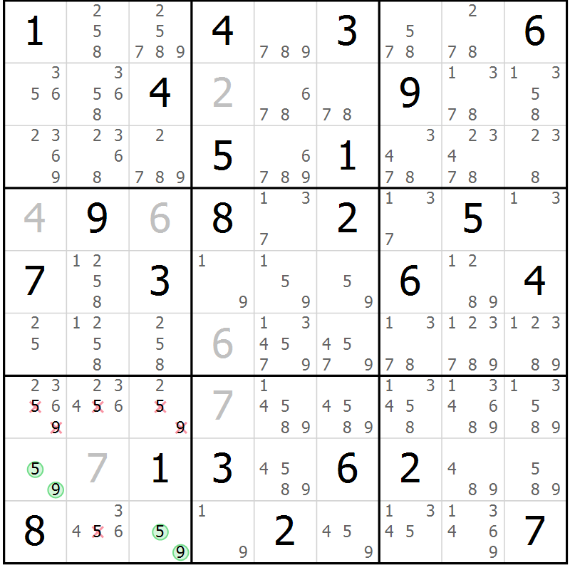 Position des candidats pour la solution de la Gr 81 page 84 du magazine de sudoku Maestro n° 087