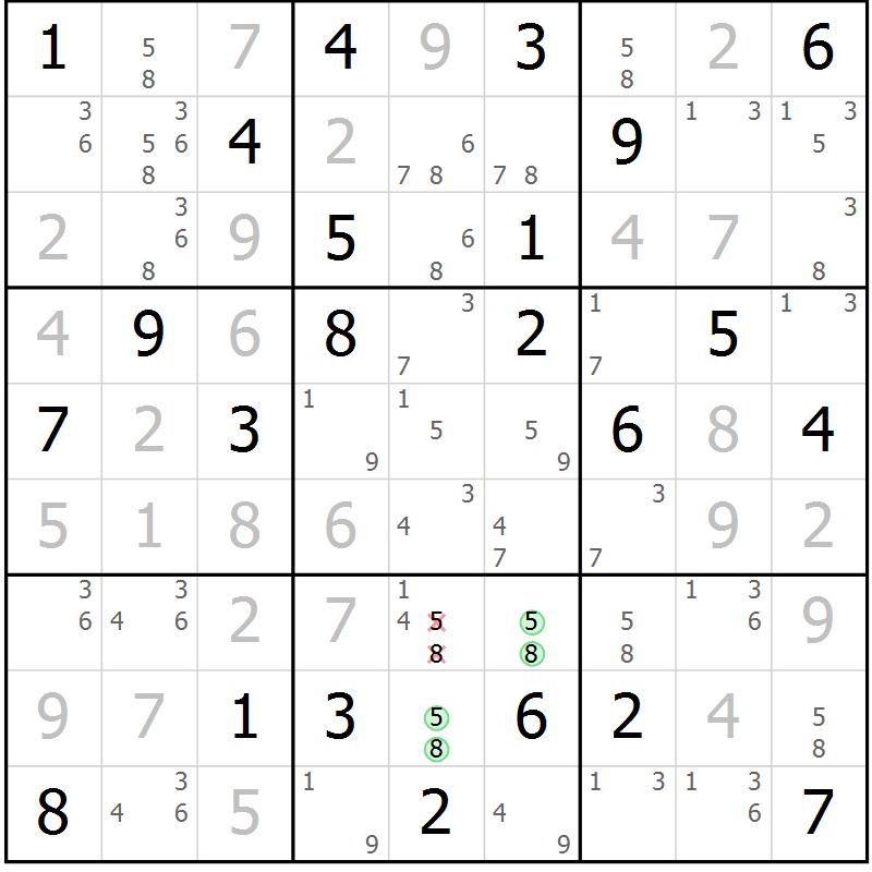 Position des candidats pour la solution de la Gr 81 page 84 du magazine de sudoku Maestro n° 087